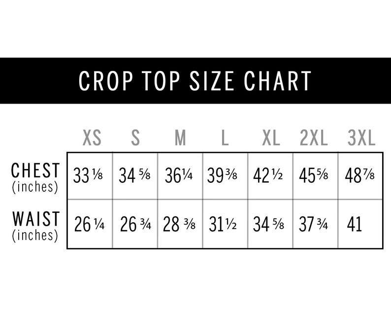 May include: Crop top size chart with measurements in inches for chest and waist for sizes XS, S, M, L, XL, 2XL, and 3XL.
