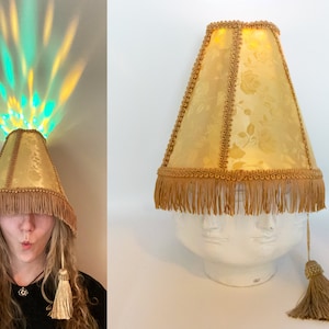 Gold LED Lampshade Hat Funny Costume Hat with Sound Activated Party Lights, Unique Festival Outfit Accessory, Rave Hat image 1