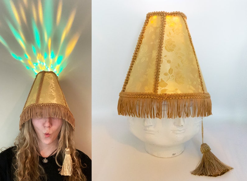 Gold LED Lampshade Hat Funny Costume Hat with Sound Activated Party Lights, Unique Festival Outfit Accessory, Rave Hat image 1