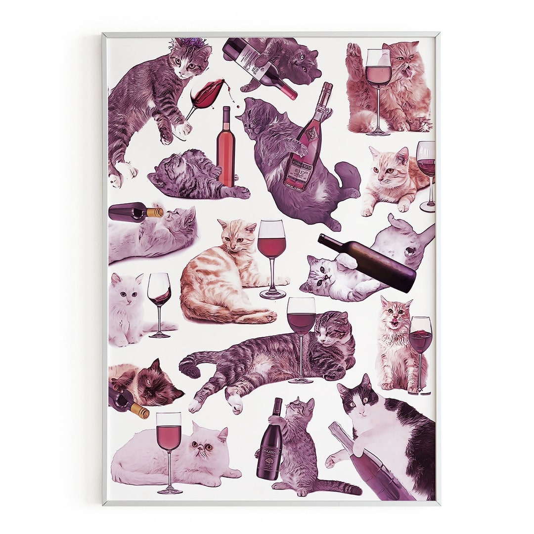 Cats With Wine Poster - Funny Cat Art Print, Animal Wall Art, Wine Wall ...