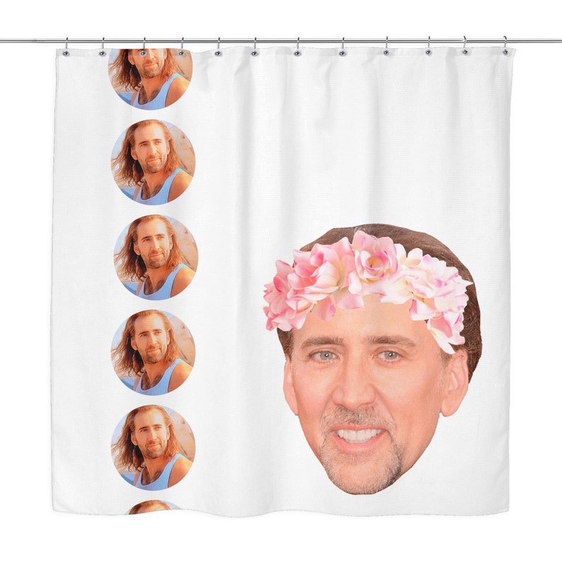 White Nicolas Cage Polka Dot Shower Curtain Funny Meme Image 0
