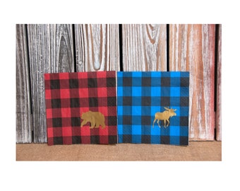 16 - Bear or Moose Plaid Cake Napkins