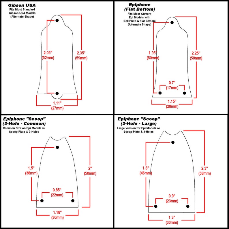 May include: Diagram showing different sizes and shapes of guitar pickguards for Gibson and Epiphone guitars. The pickguards are outlined in black and labeled with measurements in inches and millimeters.