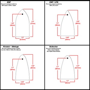 May include: Diagram showing the different sizes of guitar pickguards for ESP, ESP/LTD, Kramer, and Schecter guitars. The pickguards are outlined in red and labeled with their dimensions in inches and millimeters.