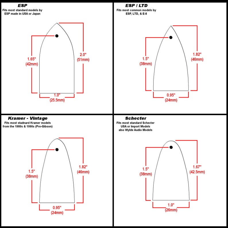 May include: Diagram showing the different sizes of guitar pickguards for ESP, ESP/LTD, Kramer, and Schecter guitars. The pickguards are outlined in red and labeled with their dimensions in inches and millimeters.