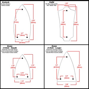 May include: Diagram showing different sizes of guitar pickguards for Gretsch, Guild, and other brands. The diagram includes measurements in inches and millimeters.