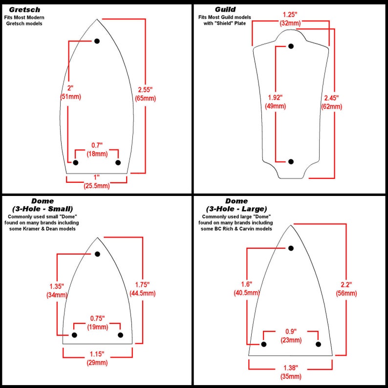 May include: Diagram showing different sizes of guitar pickguards for Gretsch, Guild, and other brands. The diagram includes measurements in inches and millimeters.