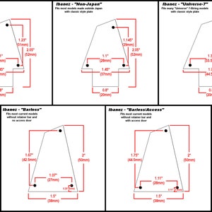 May include: Diagram showing different Ibanez guitar tremolo bridge plate sizes. The diagram shows the measurements in inches and millimeters for each plate size. The plate sizes are labeled "Japan", "Non-Japan", "Universe-7", "Barless", and "Barless/Access".