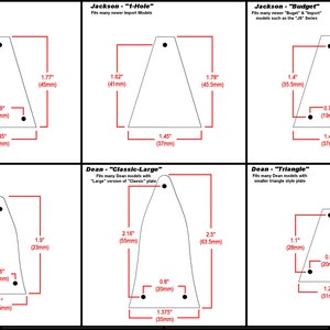 May include: Diagram showing different guitar pickguard shapes and sizes for Jackson and Dean guitars. The measurements are in inches and millimeters. The pickguard shapes include common, 1-hole, budget, classic-small, classic-large, and triangle.