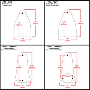 May include: Diagram showing the different sizes of guitar pickguards for PRS, Taylor, and SE guitars. The diagram includes measurements in inches and millimeters.