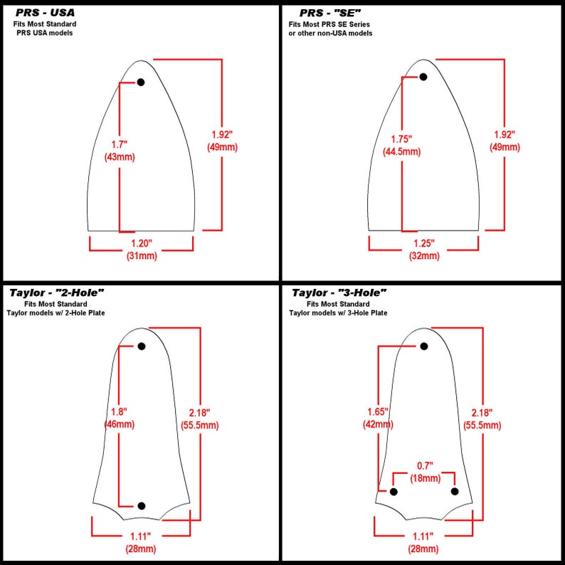 May include: Diagram showing the different sizes of guitar pickguards for PRS, Taylor, and SE guitars. The diagram includes measurements in inches and millimeters.