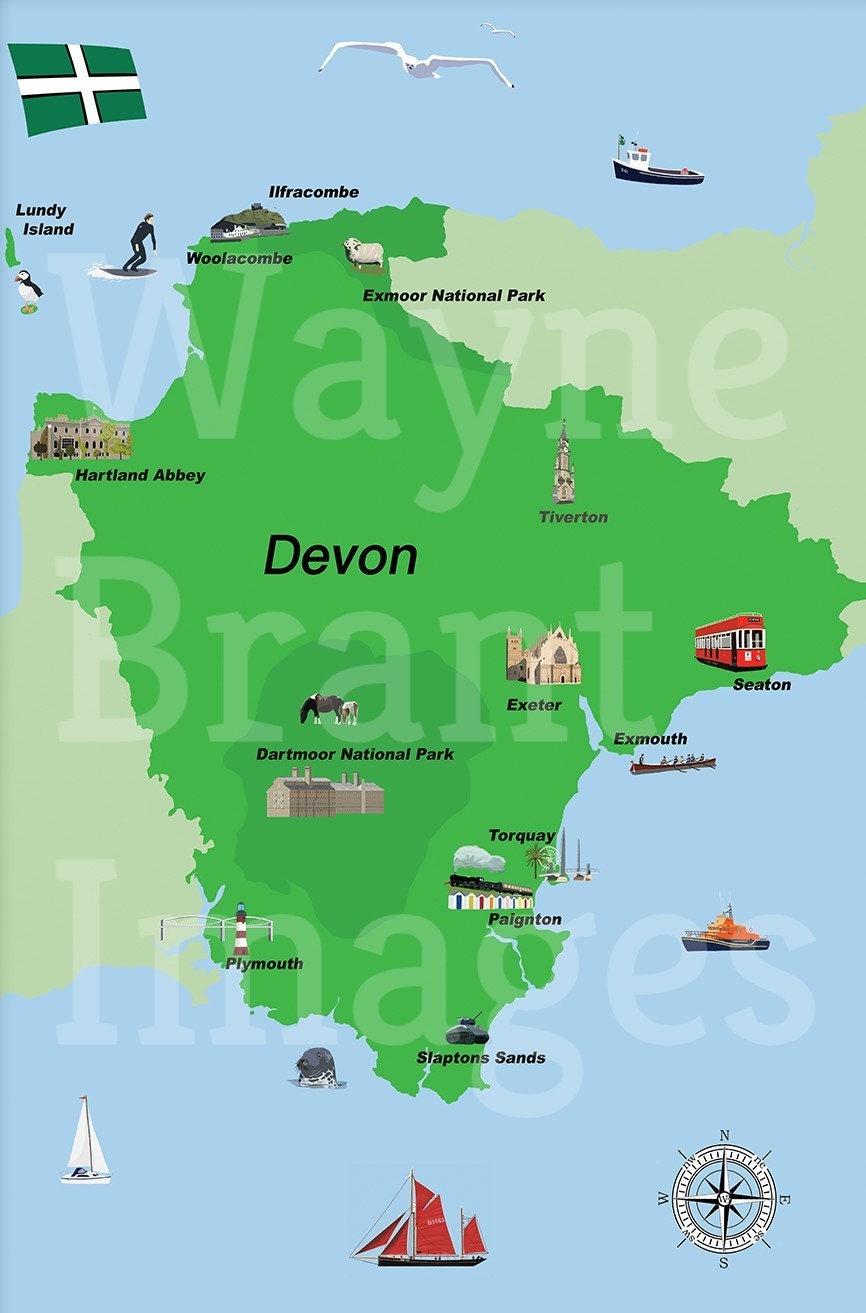 Illustrated Map of Devon Print Poster Etsy UK