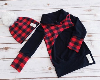 Buffalo plaid unisex cowl shirt. Grow with me style fits size 3-12m and 1-3T