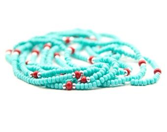 Teal & Red Tie on Waistbeads-Belly Jewelry-Waist Trainer, Waist Beads For Weight Loss, African Waistbeads