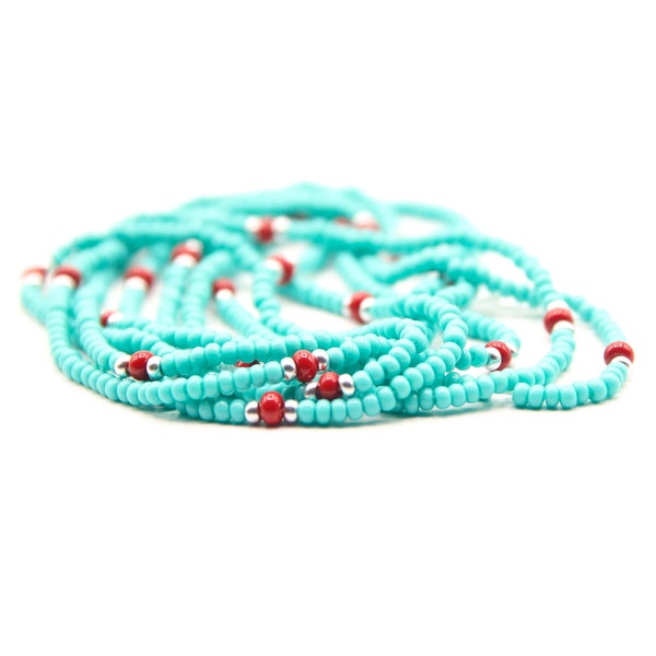 Teal & Red Tie on Waistbeads-Belly Jewelry-Waist Trainer, Waist Beads For Weight Loss, African Waistbeads