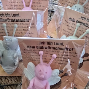 May include: Several small, pink and gray insect-shaped figurines with large wings are packaged in clear plastic. Each figurine is paired with a small card printed with German text. The figurines have a whimsical, handmade appearance.