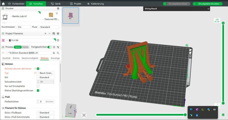 Puede incluir: Una representaci&oacute;n 3D de una estructura similar a un &aacute;rbol en marr&oacute;n y verde, mostrada sobre una superficie negra texturizada. La imagen es una captura de pantalla de un software de impresi&oacute;n 3D.