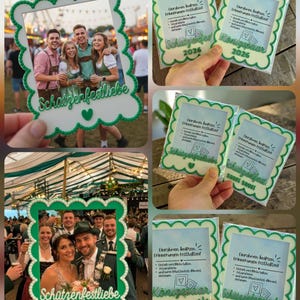 Può includere: Un collage di foto con cornici verdi e bianche con bordi smerlati. Le cornici riportano le parole "Schatzefestliebe" e "Königspaar". Le cornici sono tenute davanti a persone in un festival.