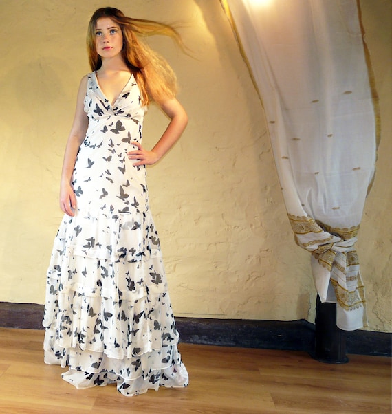 light, dreamy and gorgeous - 100% pure Silk dress, Black and White with flowy layers and Butterflies, will shape to the body size 4-6