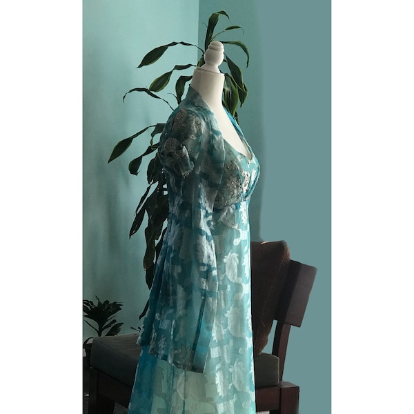 regal evening gown - 100% silk organza - petite - one of a kind couture dress and jacket ensemble , empire, embroidered