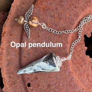 Opal pendulum with opal beads & an angel charm.