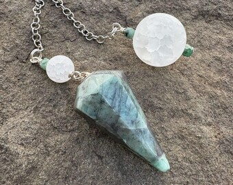 Emerald Pendulum with Crackle Quartz Beads, Love and Intuition Stone