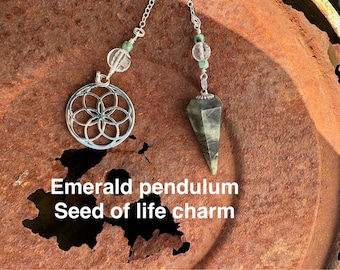 Emerald Pendulum with Seed of Life Charm, Healing Crystal Divination Tool