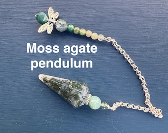 Moss agate pendulum dragonfly charm