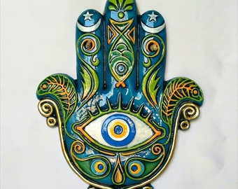 Embossed Ceramic Wall Hanging Art, hamsa,Khamsa, Humes hand, Hand of Fatima, Hand of Miriam, decorative