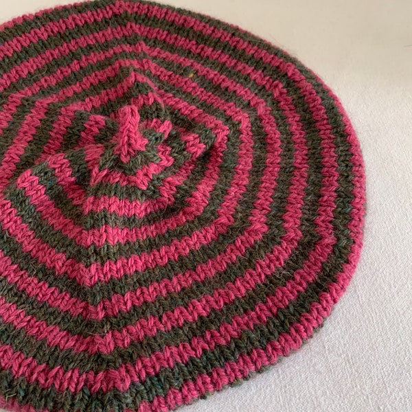 Khaki and raspberry pink stripy beret, handknitted in pure wool/alpaca