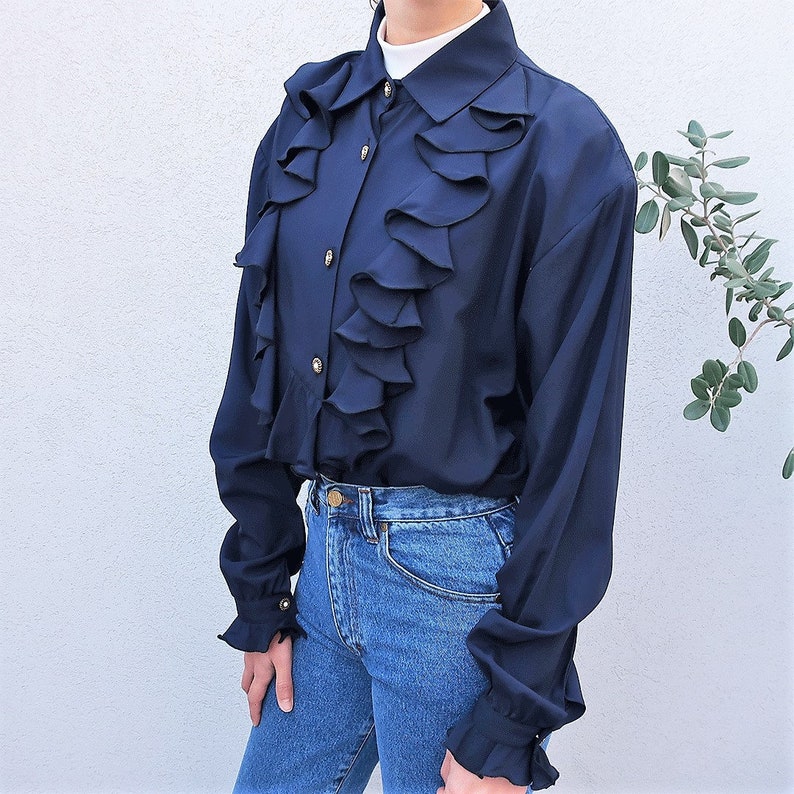 navy ruffle blouse