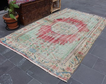 Green rug, Wool rug, Vintage rug , Floral rug  Free Shipping 4.9 ft x 8.4 ft Turkish rug , Tribal rug , Area rug , Bohemian rug MB9050