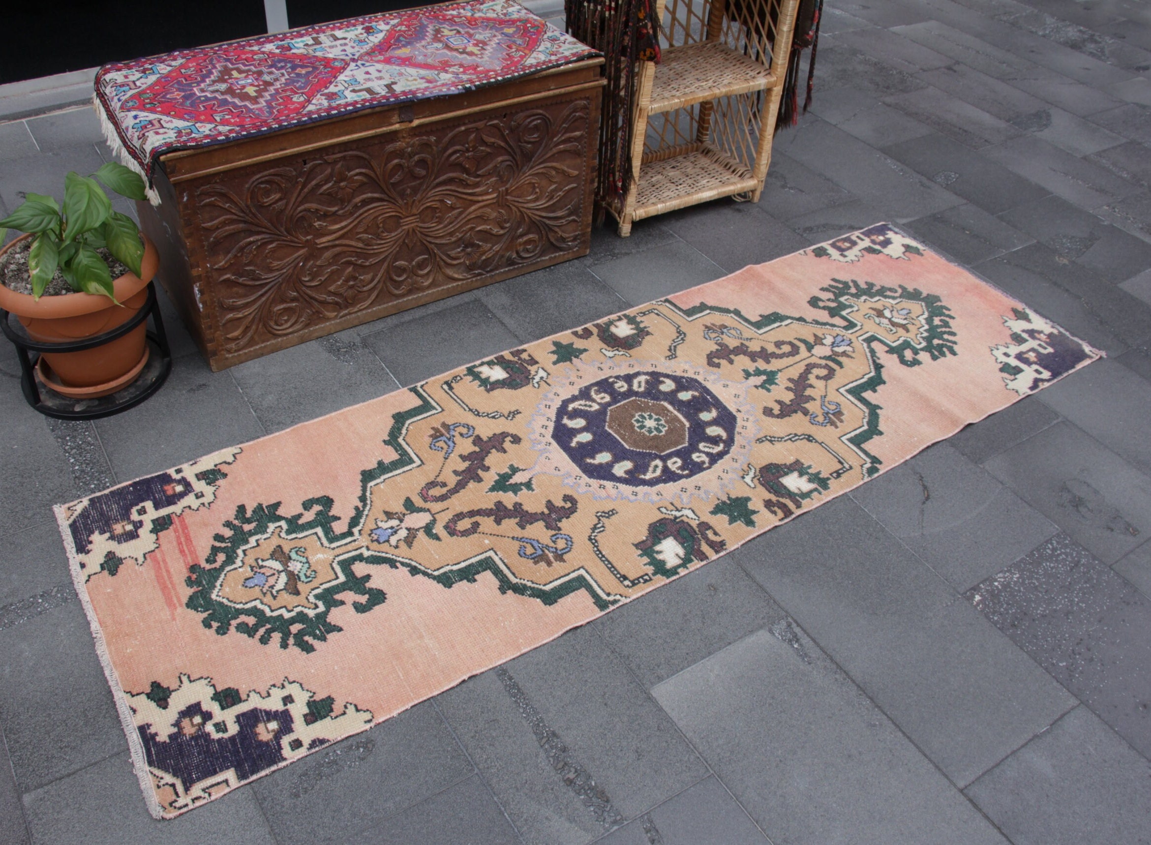 トルコ製ラグランナー、ヴィンテージハンドメイドラグ、廊下敷きラグ