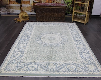 Turkish oversize rug Handmade rug Nomadic rug Bohemian rug Diningroom decor Carpet 5.3 x 9.9 Ft No 7843 Blue rug Vintage boho decor