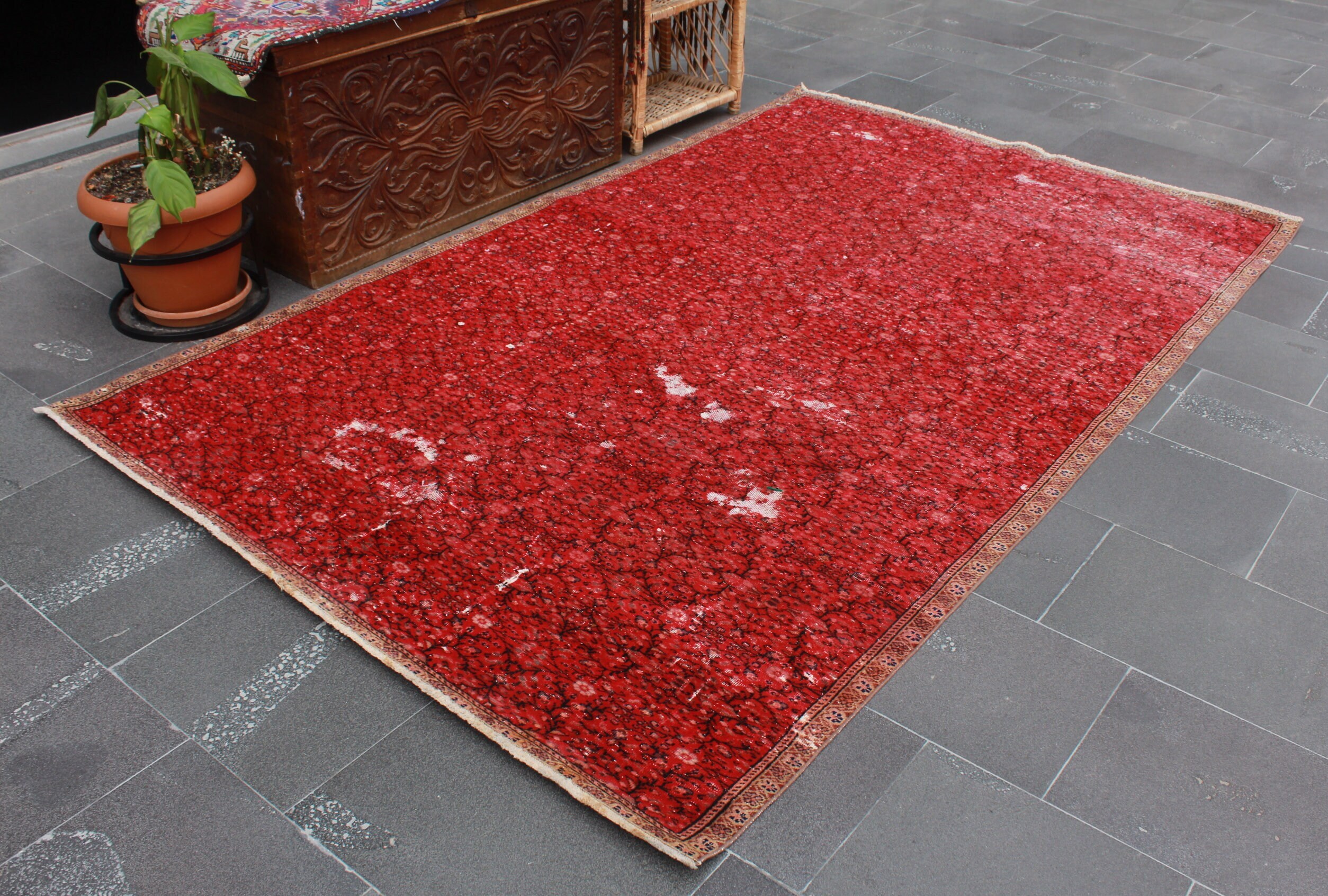 45.5×104 \"Red rose” ViNTAGE TURKiSH RUG Vintage Rug | Turkish 1970s Handmade Tribal Wool Farmhouse