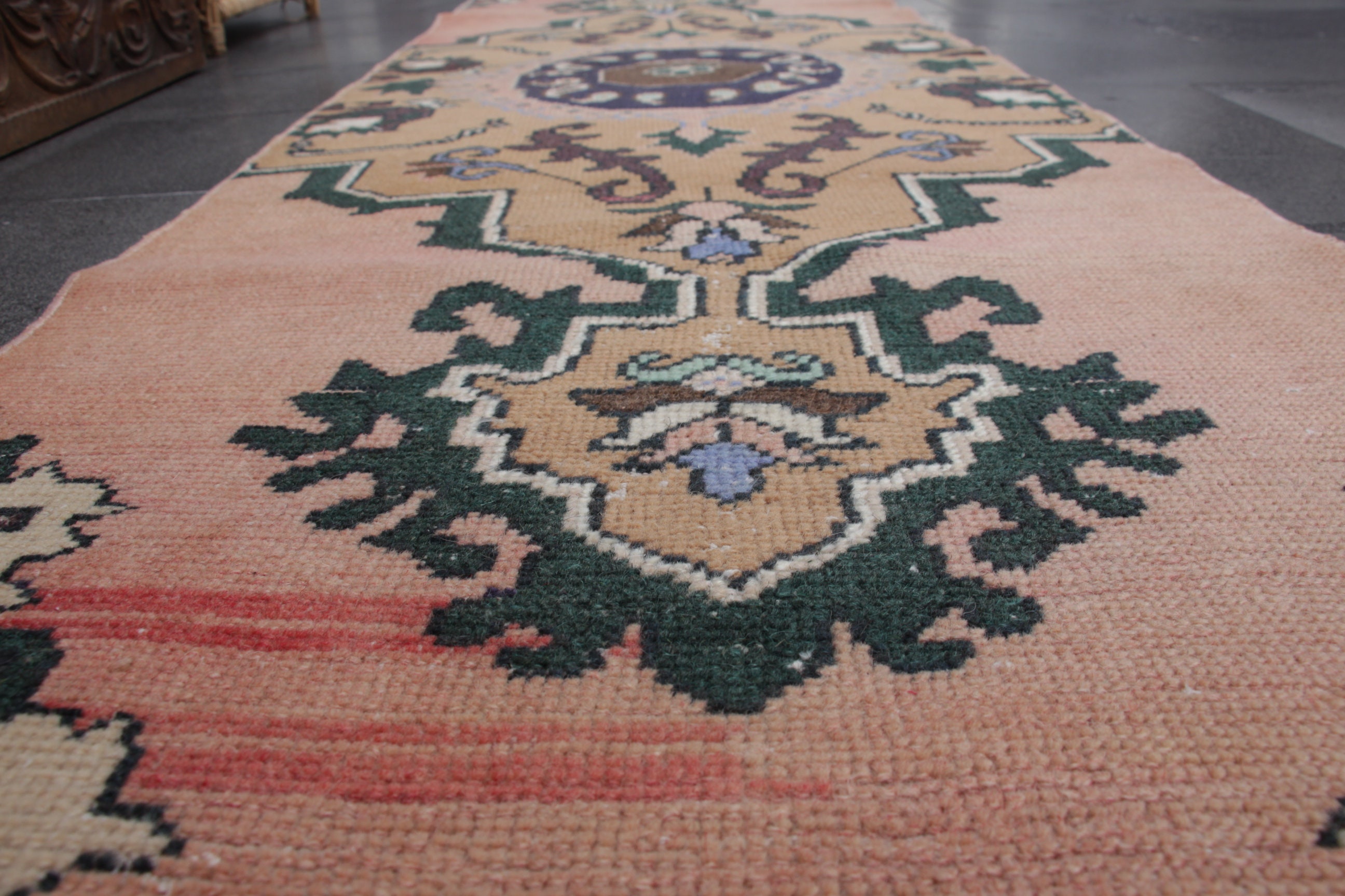 トルコ製ラグランナー、ヴィンテージハンドメイドラグ、廊下敷きラグ