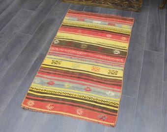 turkish doormat rug, vintage rug, brown kilim rug, handmade kilim rug, 2.4 x 4.5 ft wool rug, aztec rug, boho rug, small kilim rug MB11146