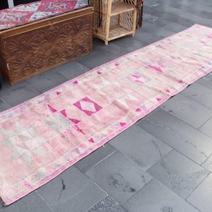 pink herki rug, vintage turkish runner rug, 2.7 x 11.3 ft. free shipping bohemian rug, natural wool rug tribal entryway rug MB13671