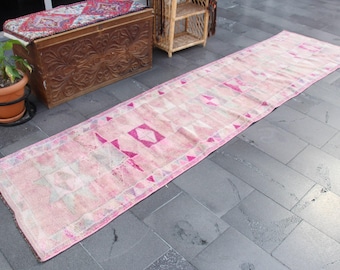 pink herki rug, vintage turkish runner rug, 2.7 x 11.3 ft. free shipping bohemian rug, natural wool rug tribal entryway rug MB13671
