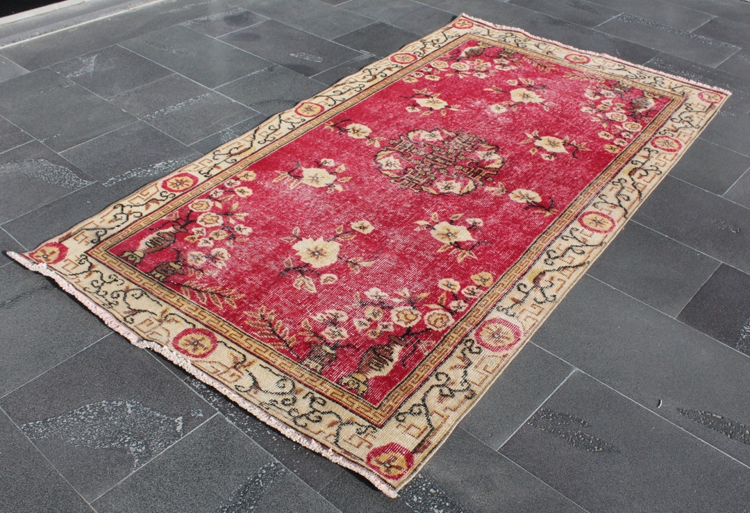 Handmade Red Rug, Turkish Area Rug, Anatolian Rug 3.8 X 7.1 Ft