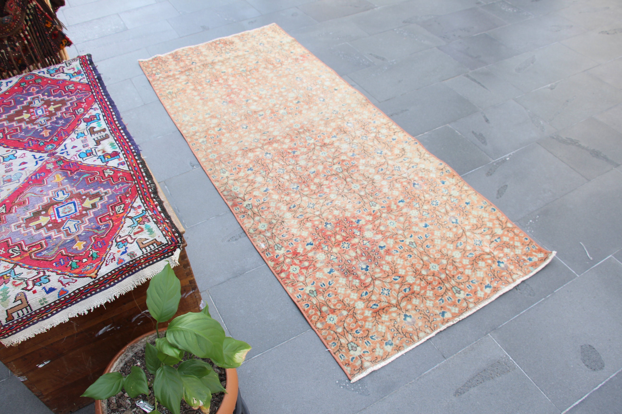 トルコ製ランナーラグ、ヴィンテージ手織りラグ、廊下用ラグ