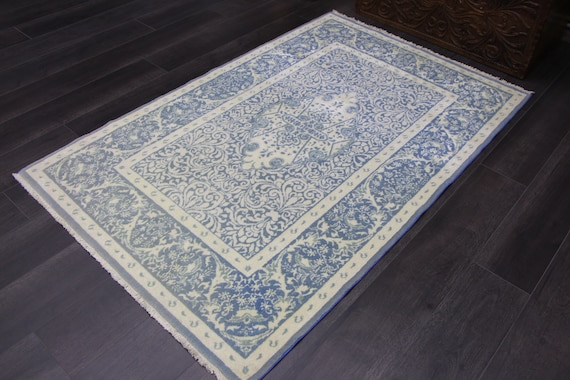 ベージュとブルーのラグ、トルコのエリアラグ、ボヘミアンラグ