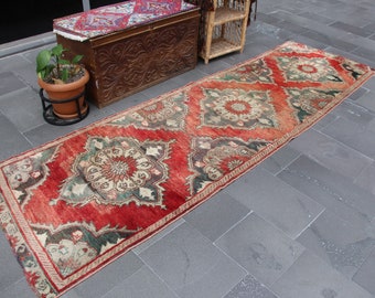 Turkish runner area rug, Vintage handmade wool rug, Hallway decor, Faded rug, Oriental rug, Entryway rug, Carpet, 3.1 x 10.6 ft. MB13954