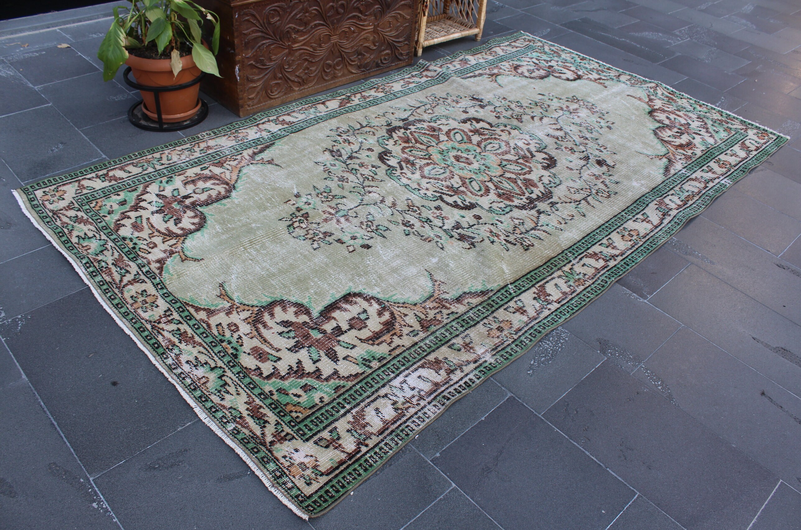 ラグ vintage rug turkish Turkish Rug, Vintage Green Large Rug, Diningroom Rug
