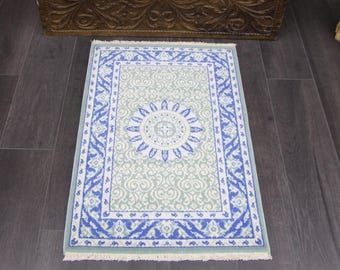 Turkish blue rug, Vintage area rug, Small rug, Decorative rug, Bohemian rug, Doormat rug, Boho home decor, Decorative decor 2 x 3 ft MB12998