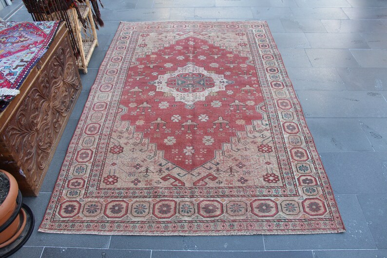 Turkish area rug, Vintage rug, Handmade rug, Faded orange rug, Oriental rug, Kitchenrug, Bedroom rug, Natural rug, Rug 4.8 x 7.5 ft. MBZ3830 image 2