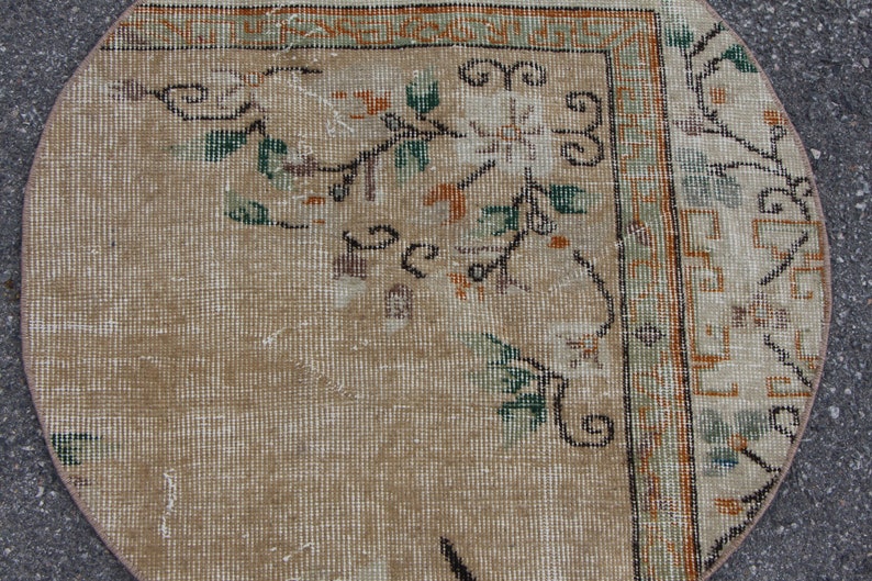Beige Oriental Rug, Turkish Round Rug, Vintage Boho Decor, Handmade