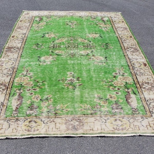 Green area rug, Oversize turkish rug, Diningroom rug 6 x 8.9 ft Turkish vintage rug , Boho decor rug , Oushak rug , Antique rug, MB11779