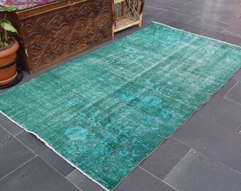 オーバーダイラグ、トルコ製エリアラグ、グリーンラグ、ヴィンテージ