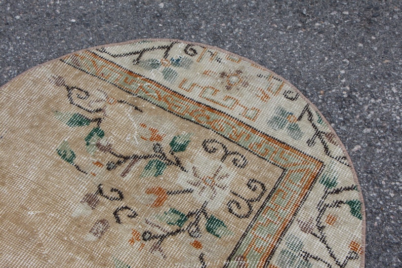 Beige Oriental Rug, Turkish Round Rug, Vintage Boho Decor, Handmade